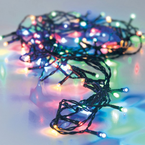 Guirnalda a pilas, multifunción, uso exterior, multicolor, cable negro, 48 leds, 4 m