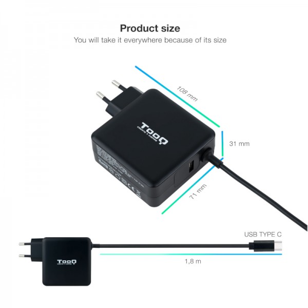 Tooq cargador portátil conector usb-c 65w