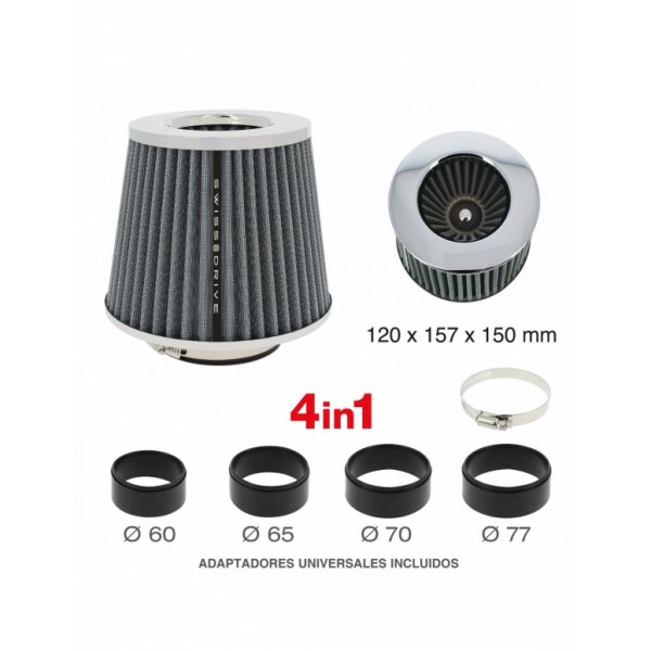 Filtro de Aire Universal para Coche Incluye 4 Adaptadores 60mm 65mm 70mm 77mm Color Gris